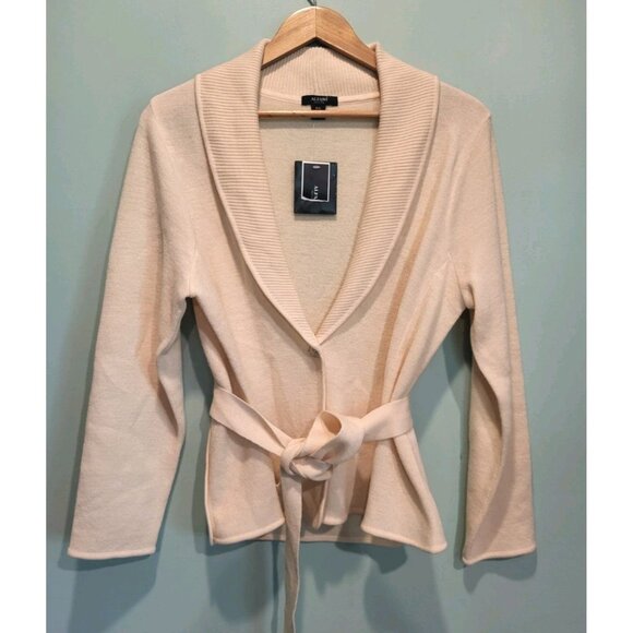 New Ivory 100% Merino Wool Belted 1 Button Cardigan Sweater Office Alfani Sz Lp - Picture 1 of 7